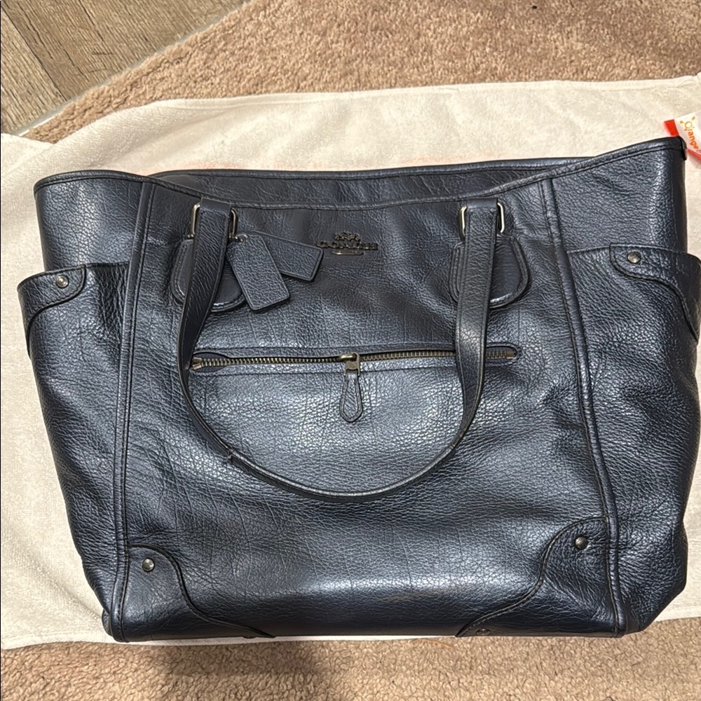 Metallic Navy Leather Coach Tote Bag